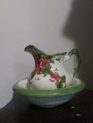 The Cash Family Pottery Pitcher And Bowl Hand Painted Flowers 2