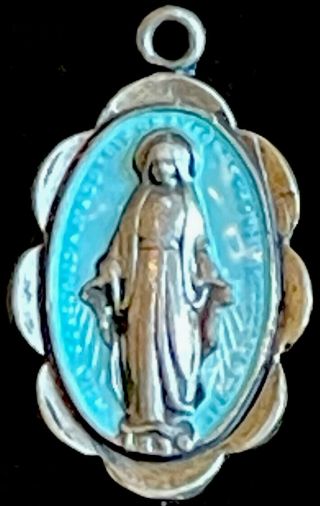 Vintage Catholic Sterling Silver Miraculous Mary Blue Enamel Medal