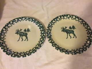 2 Folk Craft Moose Country Tienshan 10.  5 " Dinner Plates Cream/green Stoneware