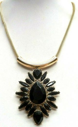 Stunning Vintage Estate Black Rhinestone Flower Gold Tone 28 " Necklace 4276a