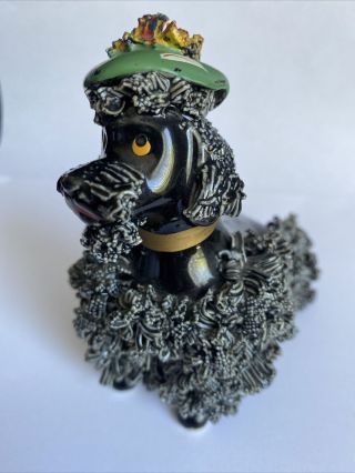 Vintage Ceramic Black Poodle Figurine Spaghetti Trim W/ Blue Beret Hat