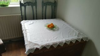 Vintage Small Irish White Linen Crochet Lace Edged Tablecloth