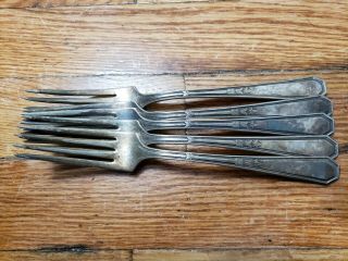 5 Antique Vintage Collectable Wm Rogers & Son Aa Silver Plated Forks 7.  5 "