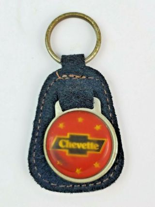Vintage Chevy Chevette Logo Leather Keychain Keyring Fob Tab Blue