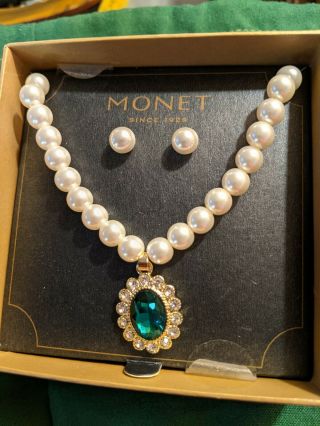 Vintage Monet Signed Faux Pearl Green & Pave Rhinestone Necklace Earrings Set.