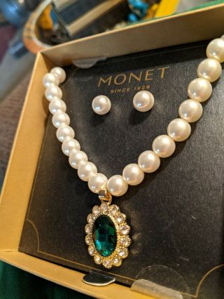 Vintage Monet Signed Faux Pearl Green & Pave Rhinestone Necklace Earrings Set. 2