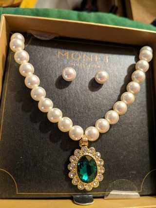 Vintage Monet Signed Faux Pearl Green & Pave Rhinestone Necklace Earrings Set. 3