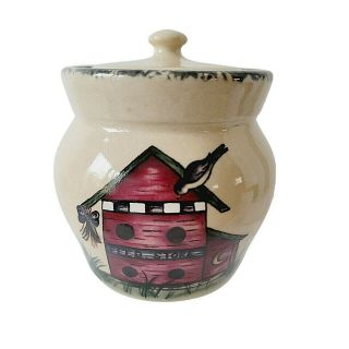 Home And Garden Party Small Canister Sugar Bowl W Lid Birdhouse 2001 Hand Read