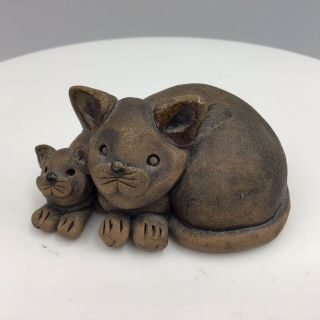 Small Studio Art Pottery Clay Cat With Kitten Figurine - Signed Pp Vintage