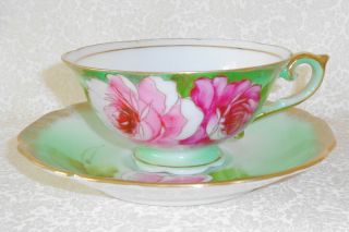 Tea Cup & Saucer Set Green W/ Rose Occupied Japan Shofu