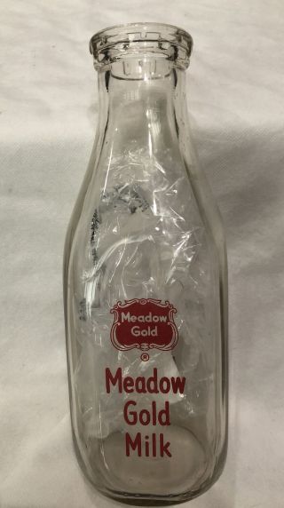Vintage Meadow Gold One Quart Glass Milk Bottle - Red Graphics