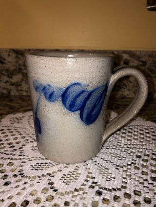 1989 Eldreth Pottery Salt Glazed Stoneware Mug Cobalt Blue Design