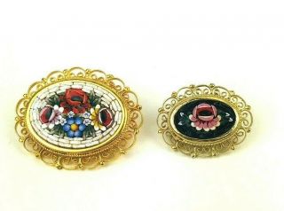 Vintage Micro Mosaic Italy Floral Flowers Pin Brooch Oval Gold Tone Set Of 2