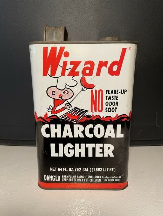 Vintage Wizard 64 Oz.  Charcoal Lighter Fluid Tin Can Empty Collector Display