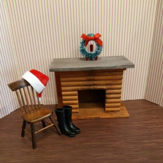 Dollhouse Miniatures 1:12 Wood Vintage Fireplace,  Chair,  Hat,  Boots And Wreath