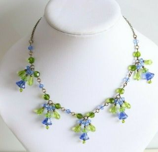 Vintage Czech Art Deco Style Cornflower Blue/green Bell Flower Beaded Necklace -