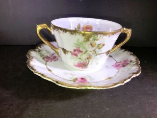 K) Limoges France Coronet Soup Cup And Saucer Pink Flowers Gold Trim