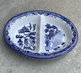 Churchill England Blue Willow Divided Serving Oval Vegetable Bowl