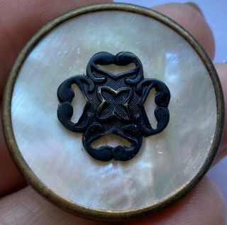 Antique Vintage Large Paris Back Carved Mop Shell In Metal Button 1 - 1/4”