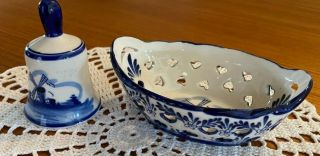 Dutch Holland Delf Blue Pierced Trinket Bowl,  E H Hand Painted Bell