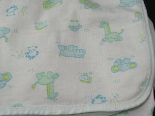 Carters Vintage Baby Blanket Blue Green Yellow Zoo Animals Hippo Giraffe Flaws