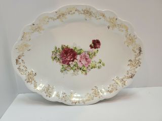 Vintage Homer Laughlin Hudson Oval Serving Platter Pink Floral Gold Trim 13 "
