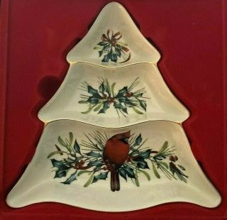 Lenox Dish Winter Greetings Divided Serving Tree Red Cardinal Bird Candy Nut