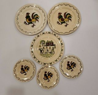 6 Metlox Poppytrail Rooster & Homestead California Provincial Plates & Saucers