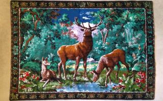 Vintage Deer In The Forest Scene Wall Hanging Rug 67 " X 46 3/4 "