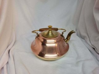 Old Dutch Brass And Copper Tea Kettle Pot Wood Handles Vintage