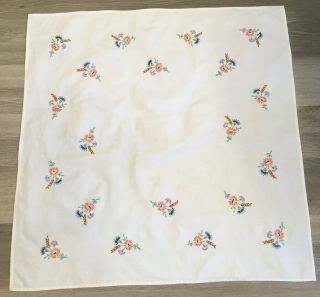 Vintage Small Square Tablecloth,  Flower & Leaf Embroidery,  Cotton,  White,  Blue
