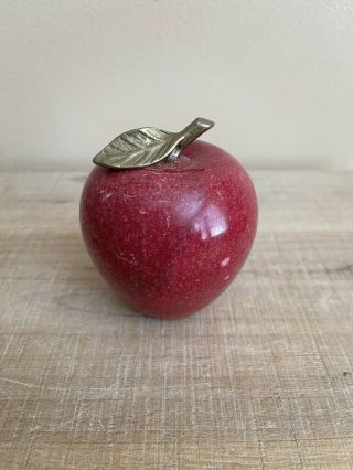 Vintage Red Marble Apple Paperweight With Brass Stem & Leaf - Teacher Gift