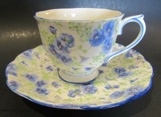 Vintage Royal Albert Crown China Blue Pansy Chintz Pattern Teacup And Saucer