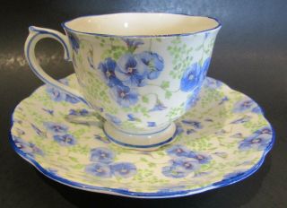 Vintage Royal Albert Crown China Blue Pansy Chintz Pattern Teacup and Saucer 2