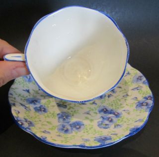 Vintage Royal Albert Crown China Blue Pansy Chintz Pattern Teacup and Saucer 3