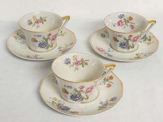 Ch Field Haviland Gda Limoges Gold Blue Flowers 3 Cup & Saucer Set Double Marked
