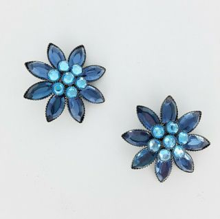 Vintage Blue Flower Rhinestone Clip On Earrings