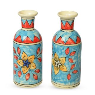 Multi Color Set Of 2 Hand Flower Painted Ceramic Vase Pot