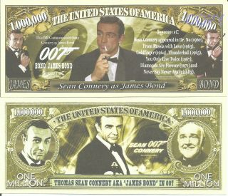 Sean Connery As 007 James Bond Commemorative Million Dollar Bills X 2 Dr No
