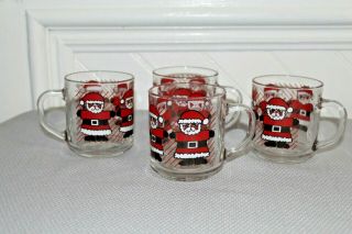4 Vintage Luminarc Clear Glass Santa Claus Christmas Mugs Holiday Coffee Tea Cup