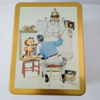 Garfield Meets Norman Rockwell Vintage Decorative Empty Tin Gold Tone Made Usa