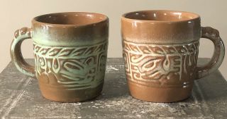 2 Vintage Frankoma 7c Coffee Cups Mugs Desert Gold & Green Glaze Plainsman