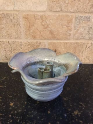 Salt Glazed Pottery Blue,  Gray Flower Vase With Floral Flower Frog Arranger 5 "