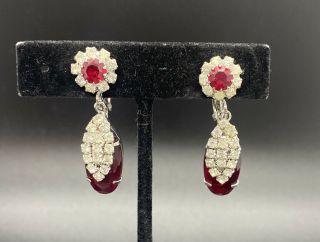 Vintage Red And Clear Rhinestone Flower Dangle Clip Earrings