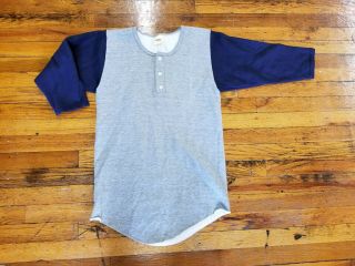 Vintage Russell Athletic Medium Baseball Henley Sweatshirt Gray Blue 3/4 Sleeve