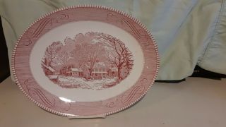 Royal China Currier And Ives Pink Red Oval Platter 13 "
