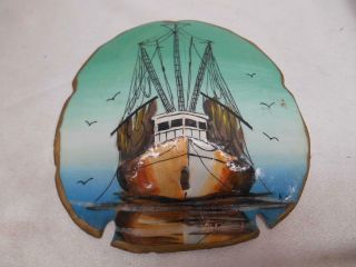 Old Vtg Jekyll Island Sand Dollar Hand Painted Ship Nautical Motif Artist Signed