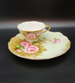 Vintage Lefton China Hand Painted Cup & Snack Plate Set Green Heritage Pink Rose