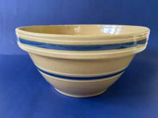 8.  25 " Yellow Ware Stoneware Primitive Blue White Banded Bowl