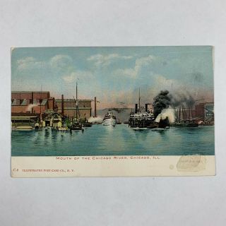 Vintage Postcard Illinois Chicago Linen Mouth River Steamers Boats